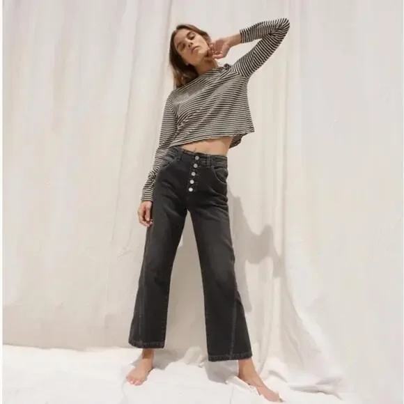 AMO Dock Pant 28 Vintage Black Wide Leg Jeans High Rise Button Fly